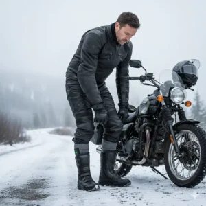 A man wearing durable, high-cut heated socks for men while preparing for a motorcycle ride in cold weather.