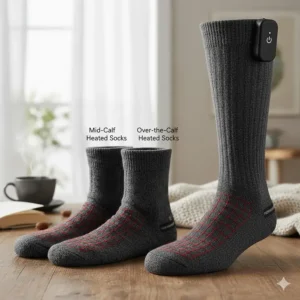 Comparison of different lengths of heated socks—ankle and over-the-calf—offering options for managing severe Raynaud's disease.