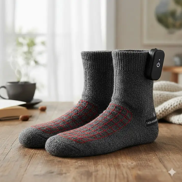 A pair of comfortable, grey heated socks for Raynaud's disease, showing the internal heating element near the toes for effective warmth and symptom relief.