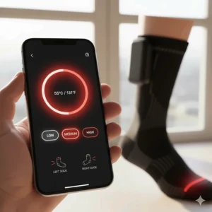 A hand adjusting the temperature control settings on the rechargeable heated socks for athletes.