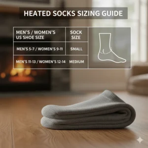 A sizing chart or diagram to help customers choose the correct size of heated socks, important for a non-restrictive fit for diabetics.