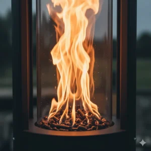 Detailed view of the natural, dancing flame produced by the wood pellet combustion system.