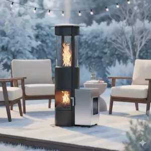 Wood pellet patio heater extending the usable season in a snowy or chilly backyard garden.