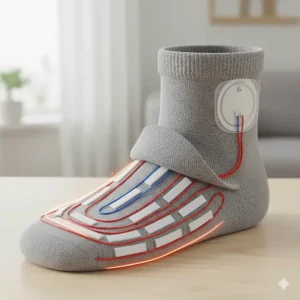 Diagram showing the concealed heating elements inside heated socks for the elderly for gentle, consistent warmth.