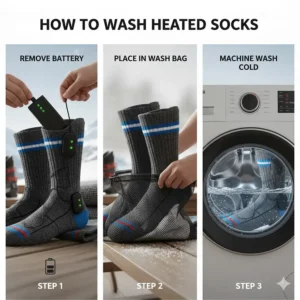 Instructions graphic showing how to safely wash heated socks for men by removing the battery.