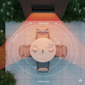 Diagram illustrating the wide and directional heat coverage from a typical infrared patio heater.