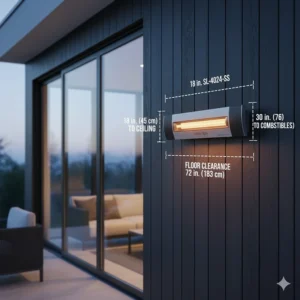 Diagram showing minimum clearance requirements for safe installation of an Infratech patio heater.