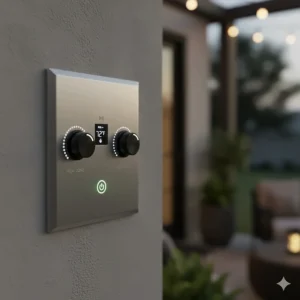 Infratech custom control panel with an intensity dimmer switch for precise patio heating.