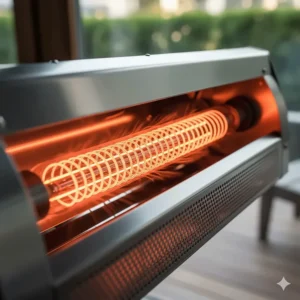 Close-up view of the glowing infrared heating element inside an Infratech patio heater.