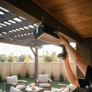 Hand installing the mounting bracket for a new infrared patio heater on a covered porch ceiling.