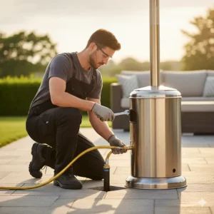 Professional installation of a permanent natural gas patio heater connection to a gas line.