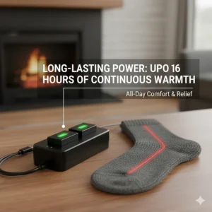 Image of the charger and battery for heated socks, emphasizing the long-lasting battery life for all-day use.