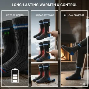 Image highlighting the long battery life and various temperature settings on premium heated socks for men.
