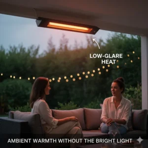 Zero or low-glare electric outdoor heater providing comfortable warmth without a bright, distracting light.