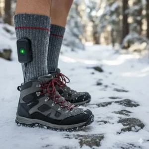 Close-up shot of a man wearing heated socks inside hiking boots on a snowy trail.