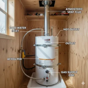 Schematic highlighting the required side cold-water inlet and top hot-water outlet connections on a gas mobile home water heater.