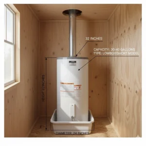 Diagram showing the typical short or lowboy dimensions for a replacement mobile home gas water heater to fit small spaces.