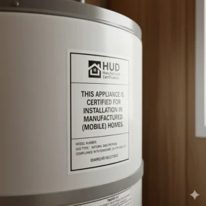 Image of the necessary HUD safety approval label found on certified mobile home gas hot water heaters.