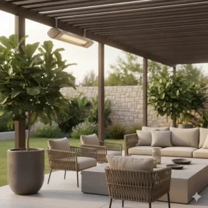 Upscale modern patio setup featuring two discreetly installed Bromic Platinum electric patio heaters for efficient heating.