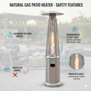 Diagram highlighting key natural gas patio heater safety features, including the automatic tip-over shutoff.