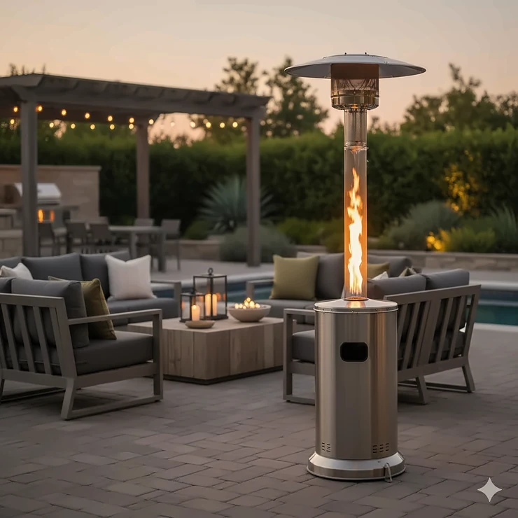 Natural gas patio heater providing warm radiant heat on a modern outdoor deck.