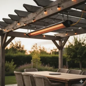 Overhead natural gas patio heater with a linear tube design installed for consistent area heating.