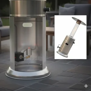 Illustration demonstrating the anti-tip safety switch mechanism found in quality portable patio heaters.