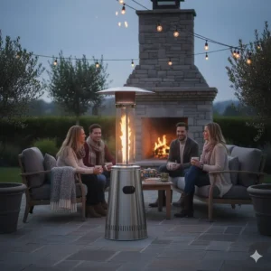 People sitting comfortably outside under a large portable patio heater during a cool evening, extending outdoor season.