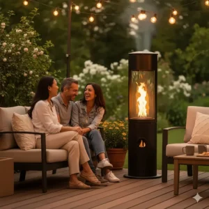 Cozy evening patio setting with guests enjoying the ambient heat from the outdoor pellet heater.