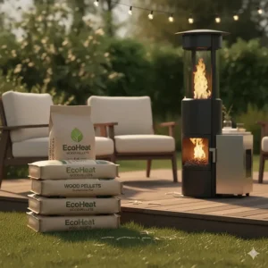 Stack of premium wood pellet fuel bags next to the sustainable outdoor heater.