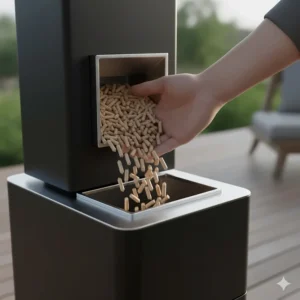Close-up of loading wood pellets into the heater's hopper compartment.