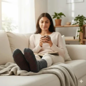 A woman comfortably wearing heated socks while sitting indoors, illustrating their practical use for constant warmth and circulation support.
