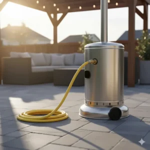 Portable natural gas patio heater featuring a quick-disconnect hose for easy placement and storage.