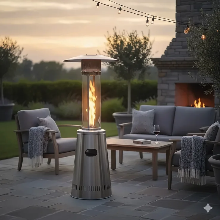 A sleek, modern portable patio heater providing warmth and ambiance to a cozy outdoor seating area at dusk.