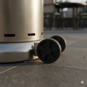 Detail shot of the built-in wheels on the base of a portable patio heater for easy movement and repositioning.