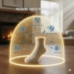A visual metaphor or image representing the prevention of diabetic foot issues and complications through the consistent use of warmth, like heated socks.