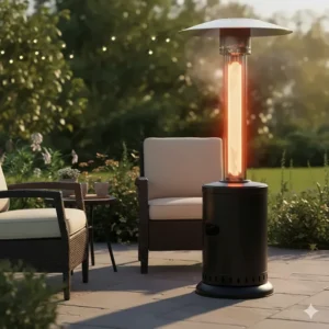 A heavy-duty propane infrared patio heater with a visible tank cover for extended outdoor use.