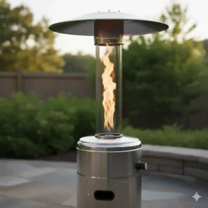 Close-up of a propane portable patio heater, highlighting the gas tank enclosure and heat output dome.
