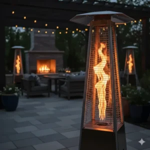 Decorative natural gas patio heater in a pyramid style with a beautiful glass tube visible flame.