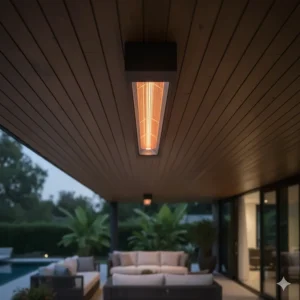 Infratech patio heater recessed flush into a wood-paneled ceiling for a discreet, built-in look.