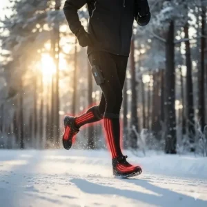 A long-distance runner utilizing the warmth of heated socks during a cold winter marathon training run.