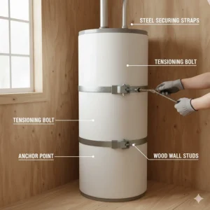 Visual guide demonstrating the correct installation of the essential securing strap kit for a mobile home gas water heater.