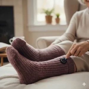 Senior person easily adjusting the three heat settings on their heated socks for seniors using the simple button control.
