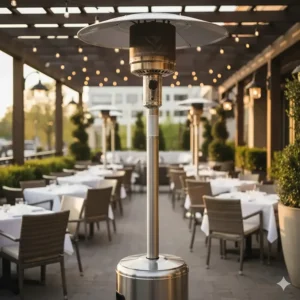 Tall stainless steel natural gas patio heater in the classic mushroom style for a commercial patio.