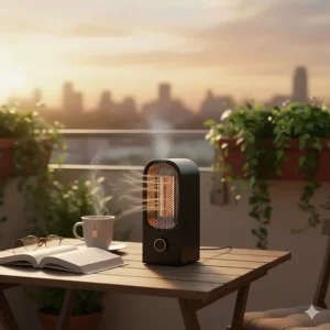 Compact tabletop electric patio heater, perfect for small balconies and easy to move.