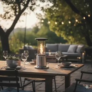 Small, convenient tabletop patio heater placed on an outdoor dining table, perfect for intimate gatherings.