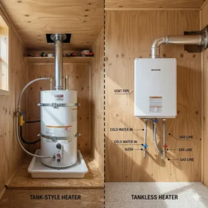 Diagram comparing a tank-style mobile home gas hot water heater with a compact tankless gas water heater setup.