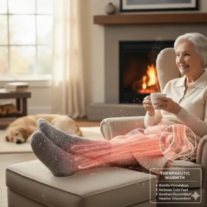 Therapeutic heated socks helping the elderly improve circulation and relieve symptoms of cold-related conditions.