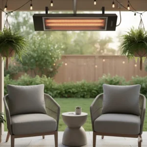 Wall-mounted natural gas patio heater with infrared technology for efficient overhead heat.