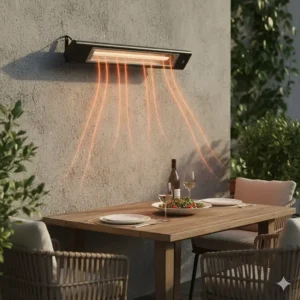 Sleek wall-mounted electric patio heater installed over an outdoor dining area.